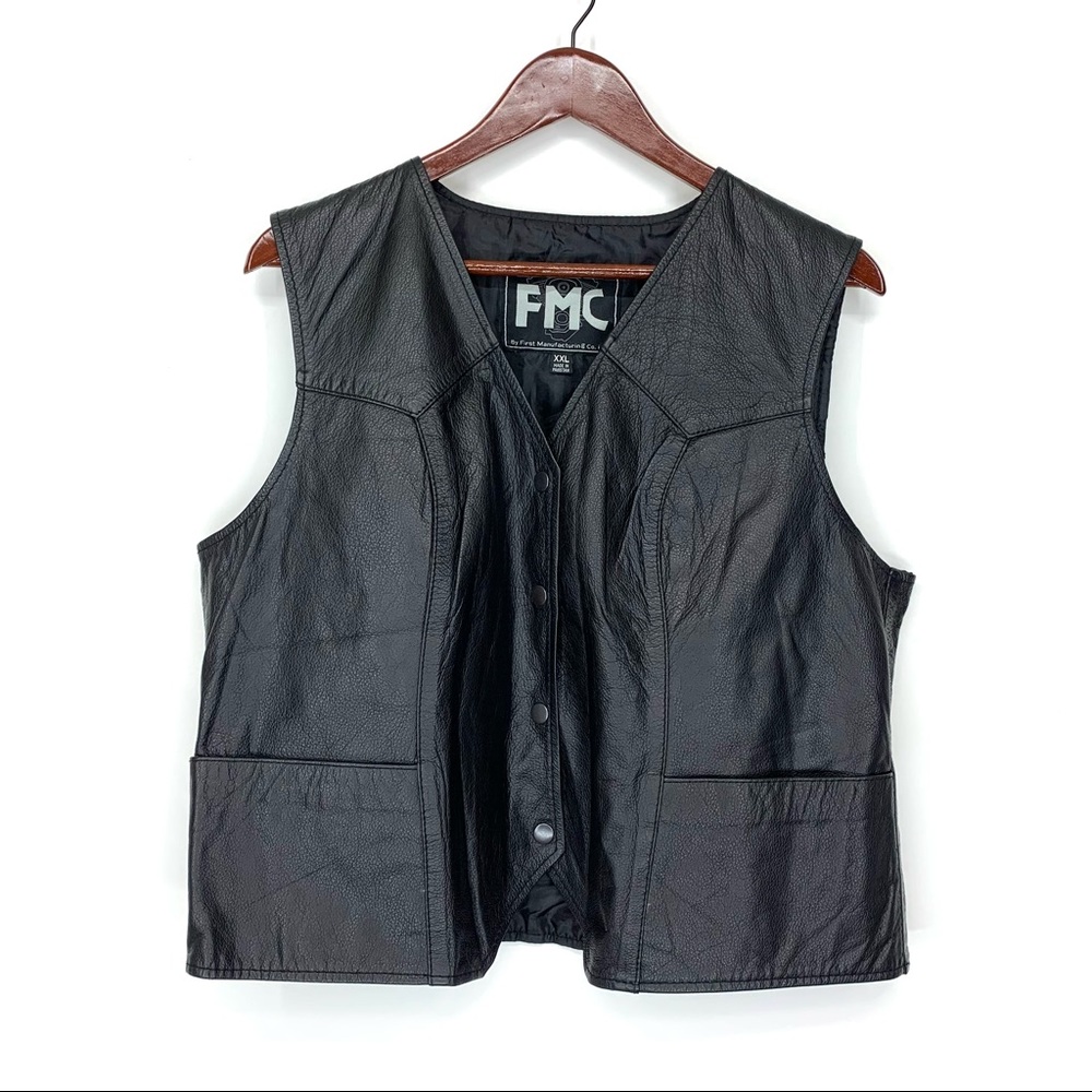 Vintage First Manufacturing Motorcycle Gear Black Leather Buttoned Vest Size XXL